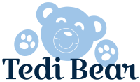 Logotipo completo de Tedi Bear con cara de oso azul claro y huellas, acompañado del nombre de la tienda.