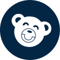 Versión circular del logotipo de Tedi Bear con la cara de un oso blanco sobre fondo azul.