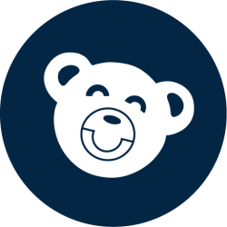 Versión circular del logotipo de Tedi Bear con la cara de un oso blanco sobre fondo azul.